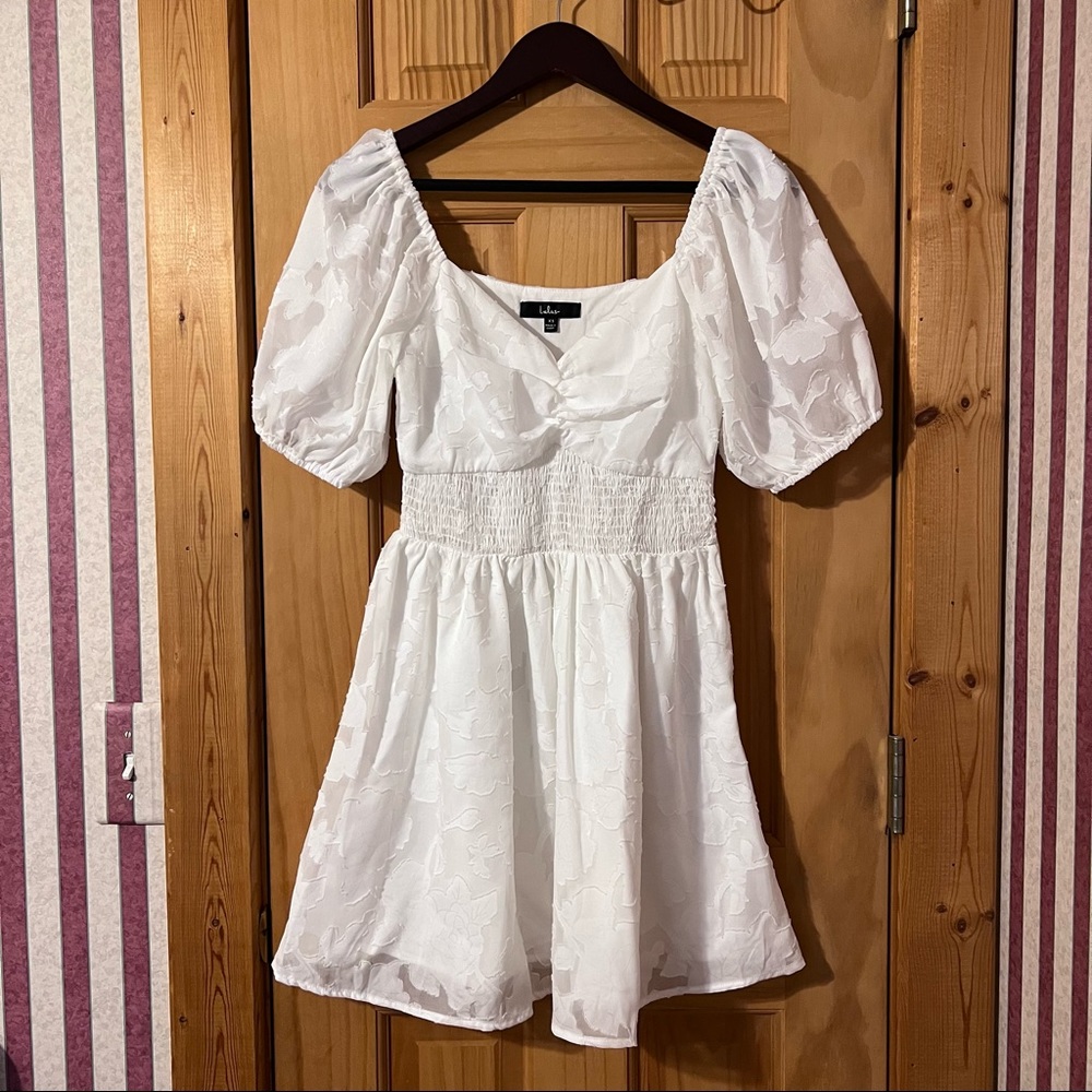 white floral mini dress